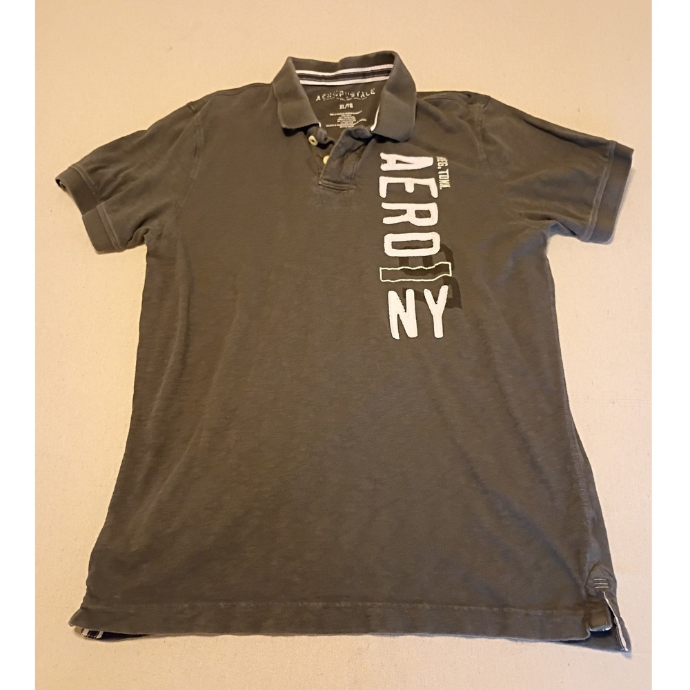 Aeropostale Mens XL Gray Short Sleeve Aero NY Graphic‎ Polo Shirt Cotton Blend